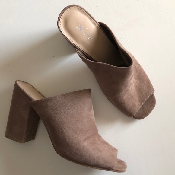 Xappeal Shoes - Taupe faux suede mule heels